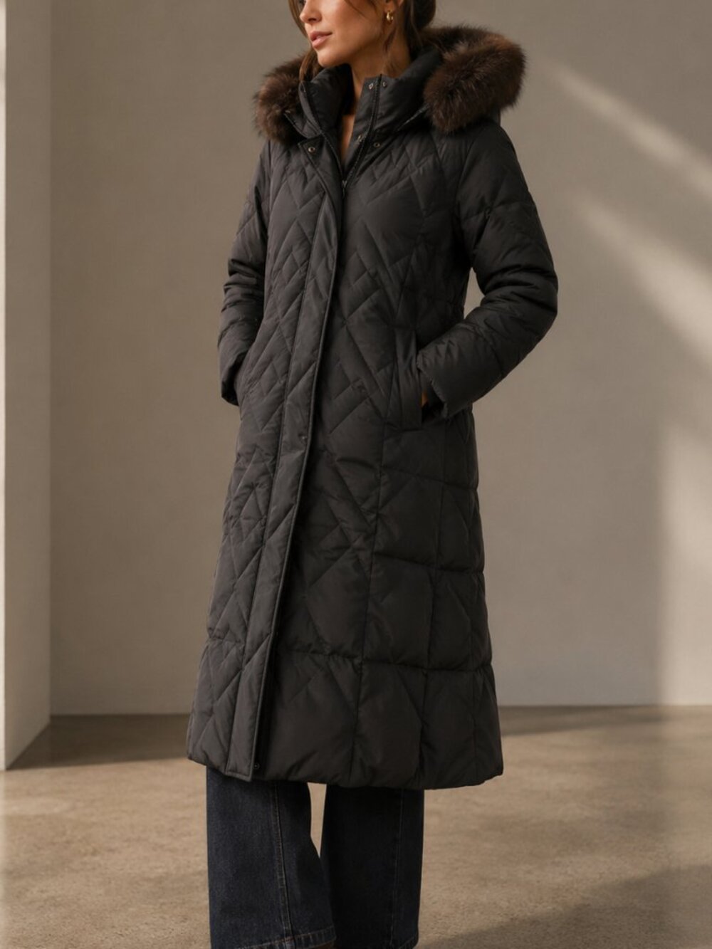 Brown searle down quilted fur trimmed coat